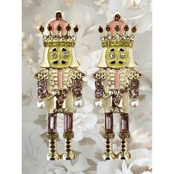 Festive Pink Nutcracker Stud Earrings with Shimmering Rhinestones - Picture 1 of 4